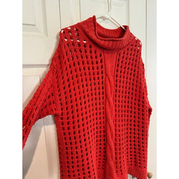 Free People Red Open Knit Mock Neck Sweater Unique Cable Chunky Oversized - Picture 3 of 7